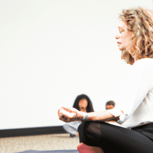 Please make photos of an American business person doing mindfulness practice. The photos should be in full color. Do not use filters. Also, the photos should not have any text on them anywhere.