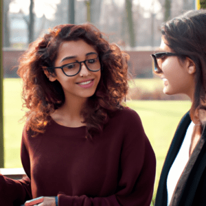 Real photos of two women talking and looking happy. No text in the photos. Make them look like real photos.