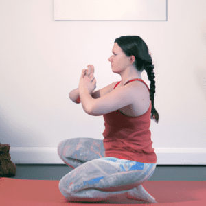 Photo of an American woman practicing yoga indoors. Do not use any text. Make them look like real photos.