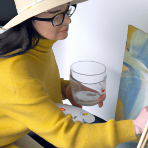 Photo of a woman painting or drawing. No text in the photos. Make them look like real photos.