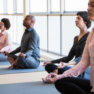 Please make photos of an American business person doing mindfulness practice. The photos should be in full color. Do not use filters. Also, the photos should not have any text on them anywhere.