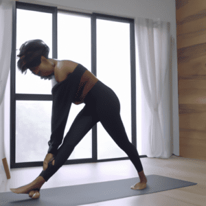 Photo of a black woman practicing yoga indoors. No text in the photos. Make them look like real photos.