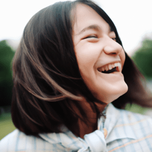 Photos of a woman with a happy peaceful face. Do not use any text. These should look like real photos.