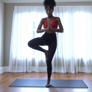 Photo of a black woman practicing yoga indoors. No text in the photos. Make them look like real photos.